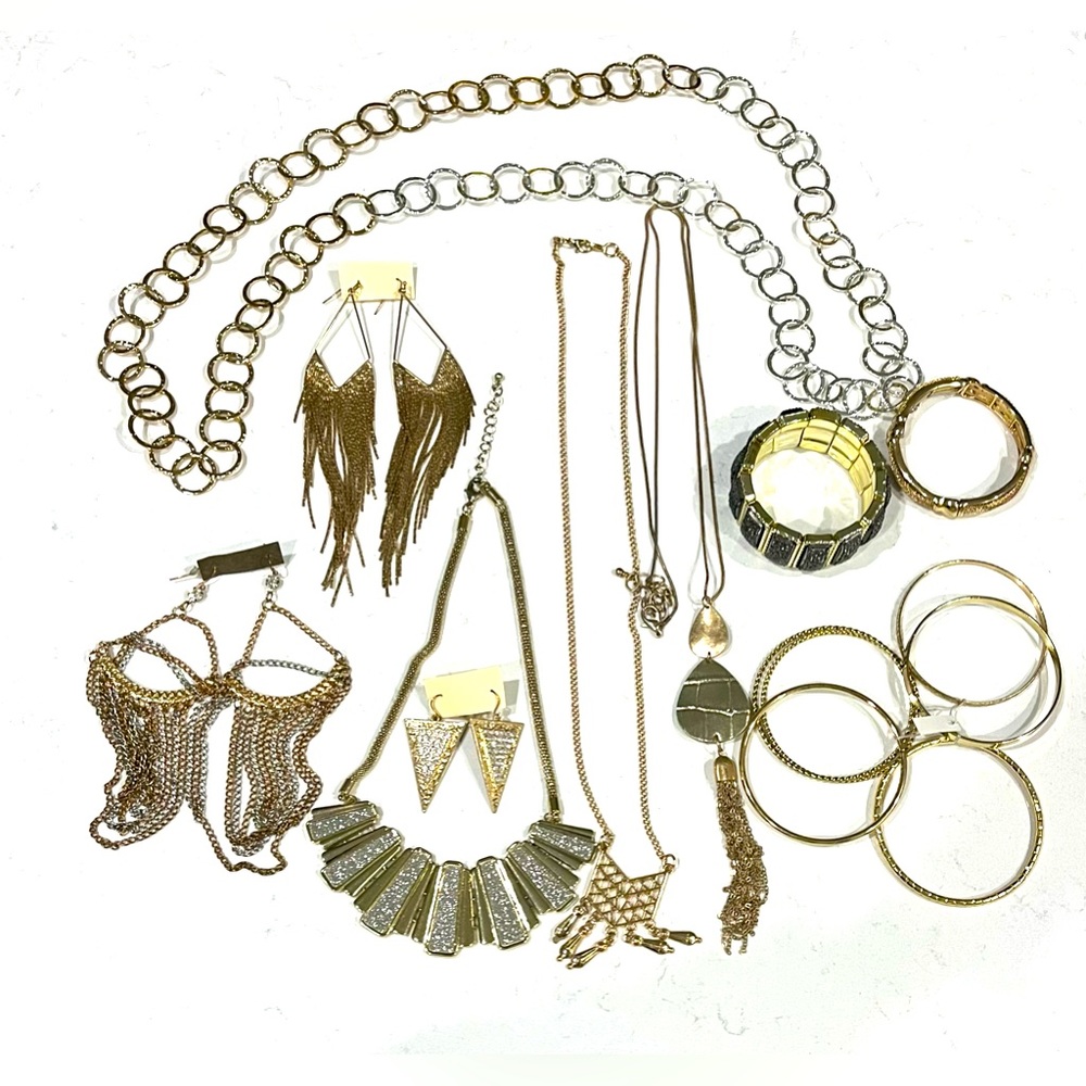 Vintage The Great Gold Jewelry Lot—4 Necklaces, 3 Earrings, 3,Bracelets, EUC